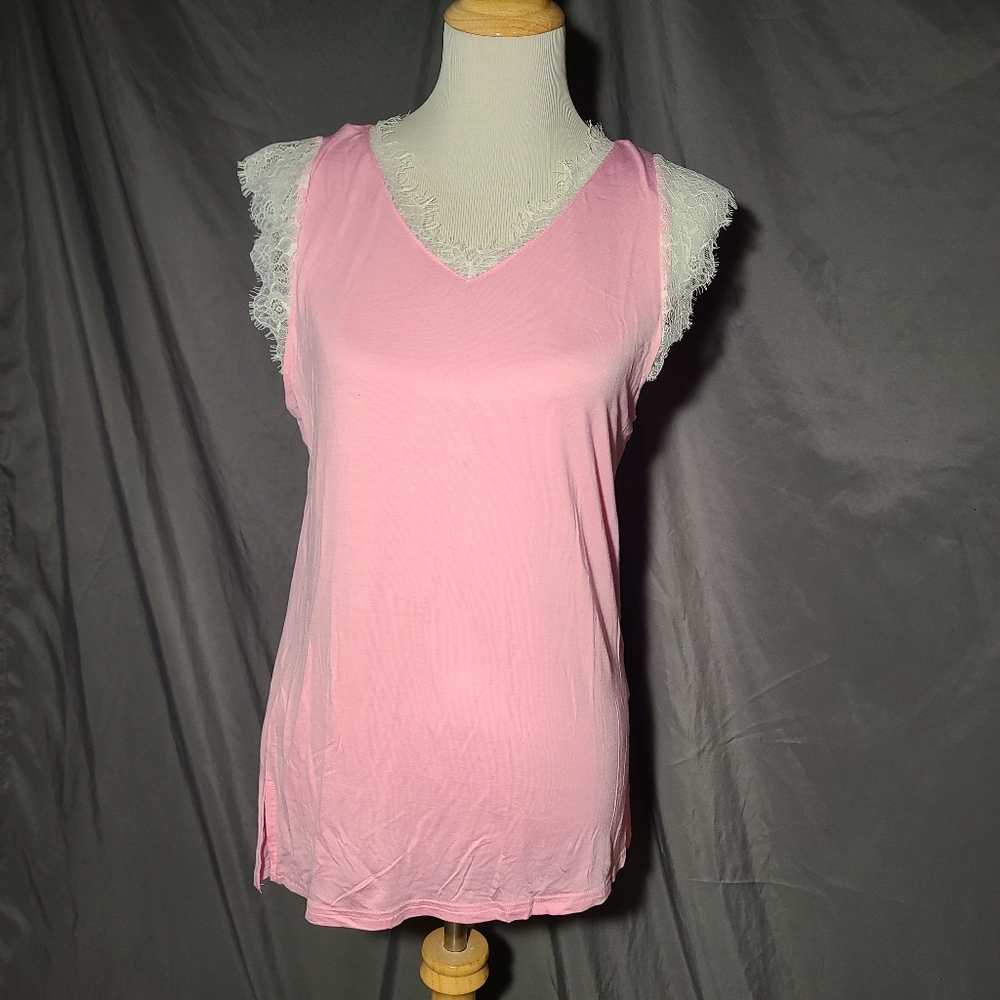 Pink Sleeveless Top with Lace Trim